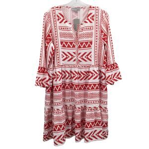 Luukse Henley Bib Printed Bell Sleeve Tiered Dress Button Front Red/White Large
